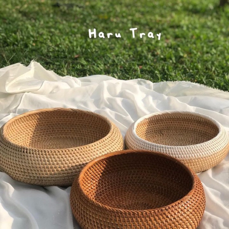 HARU Round Rattan Tray, Bohemian Tray, Rattan Basket