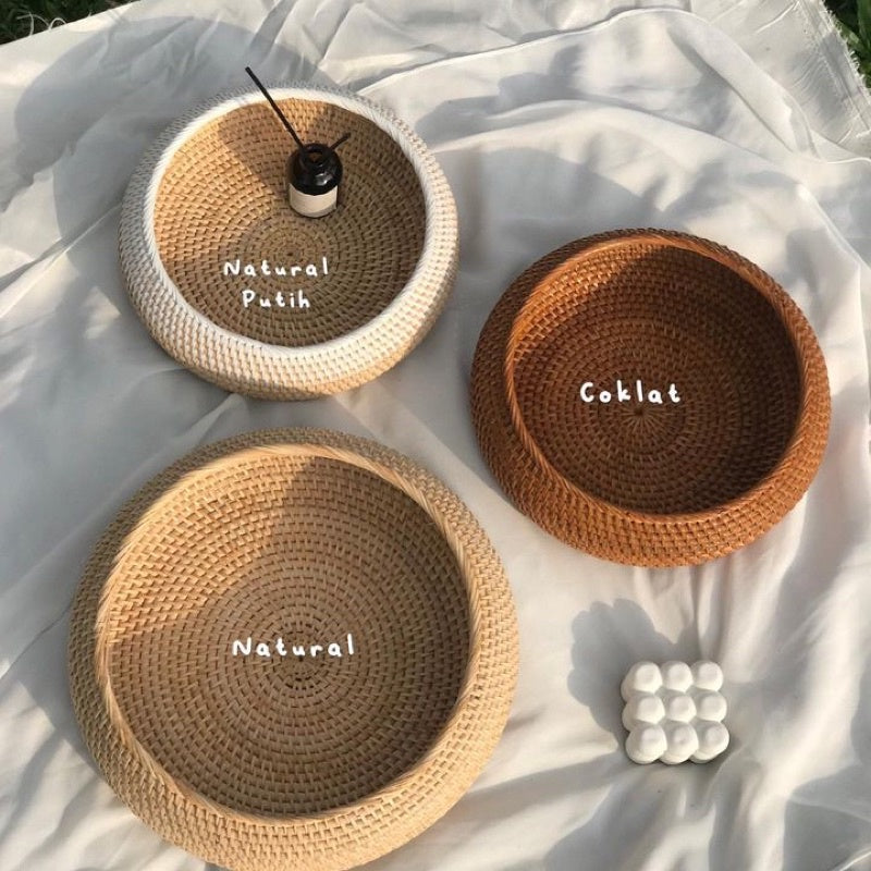 HARU Round Rattan Tray, Bohemian Tray, Rattan Basket