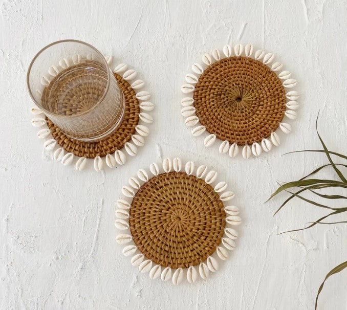 Set of Honey Rattan Shell Coaster, Cowrie Shell Rattan