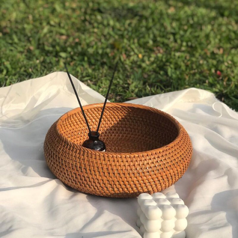 HARU Round Rattan Tray, Bohemian Tray, Rattan Basket