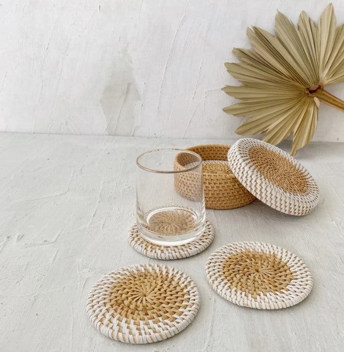 Set of 6 Rattan Coaster with Coaster Holder