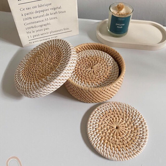 Set of 6 Rattan Coaster with Coaster Holder