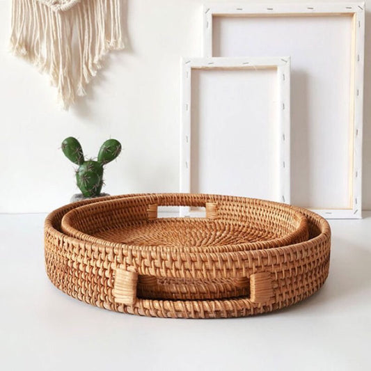 Set of 2 KALO Rattan Tray, Woven Tray with Handle